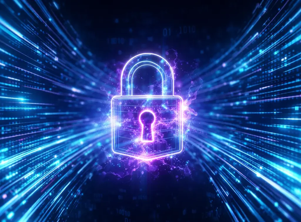 Secure end-to-end encryption tunnel with a digital padlock for 4K UHD streaming privacy