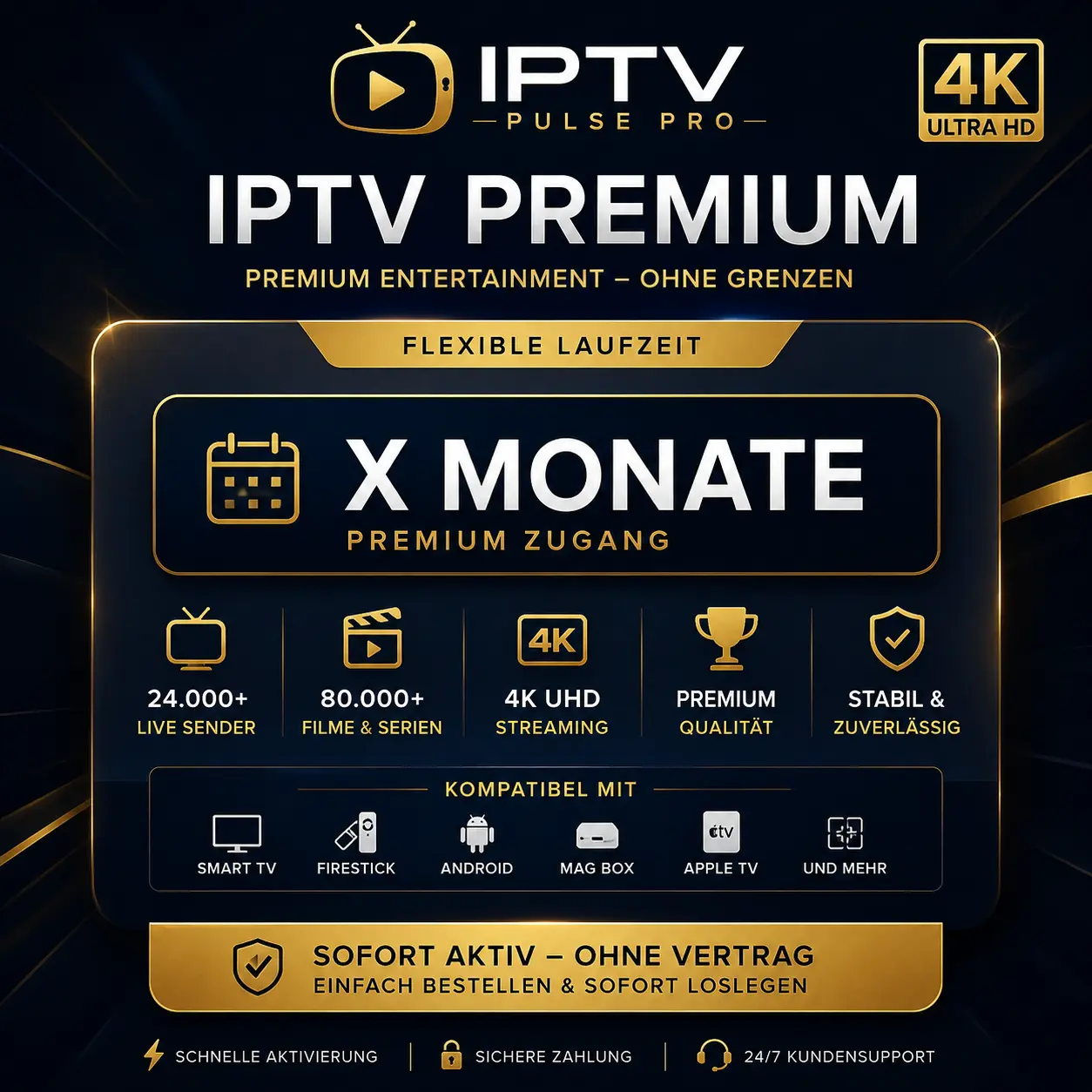 IPTV Pulse Pro Premium IPTV Schweiz mit 24.000+ Live-Sendern, 80.000+ Filmen und 4K Streaming